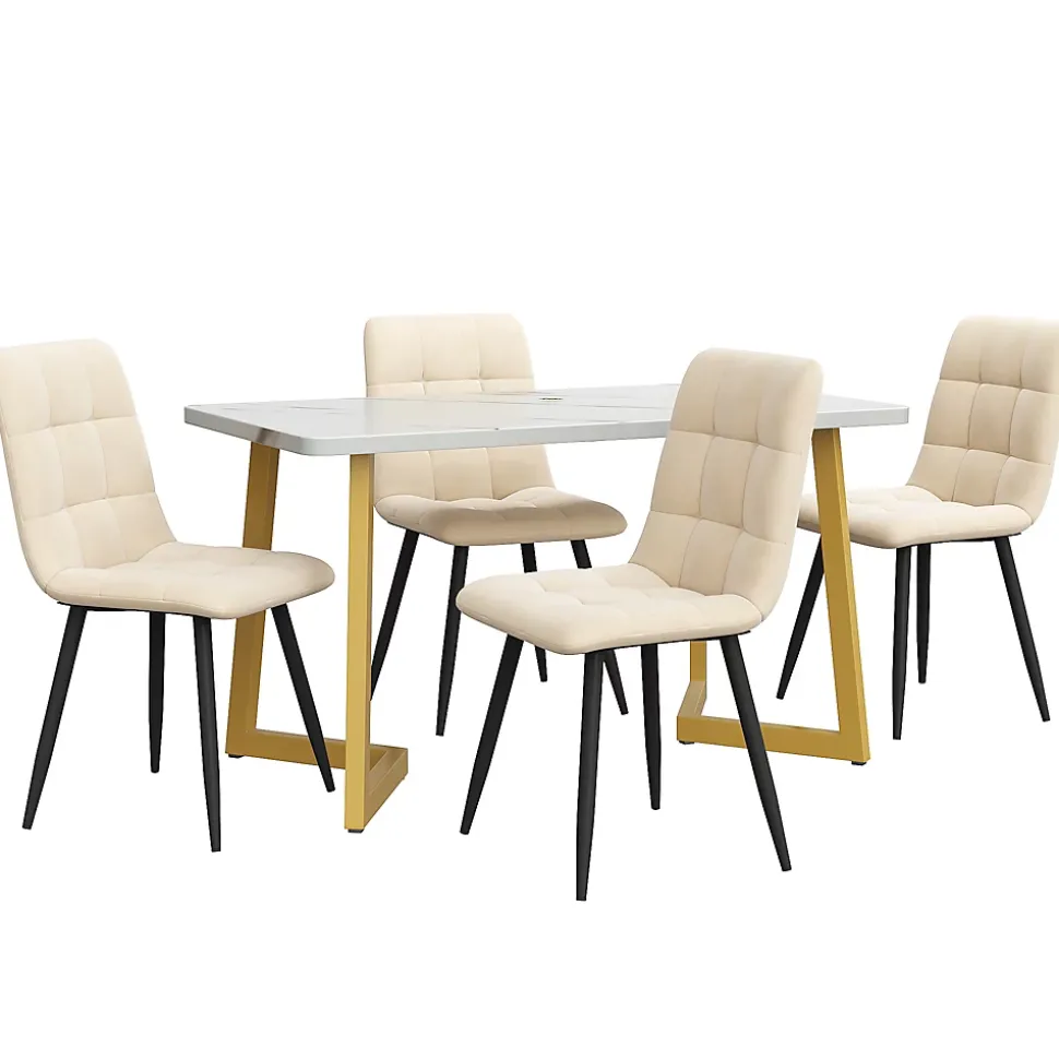 Ensemble table et chaises 117x75x75 cm table rectangulaire avec 4 chaises assise rembourrée, pieds métal doré