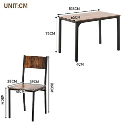 Ensemble table et chaises 108x65x75 cm avec 4 chaises table rectangulaire structure métal finition brun