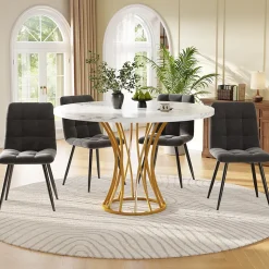 Ensemble table et chaises 80x80x76 cm avec 4 chaises, table carrée plateau effet marbre, assise velours