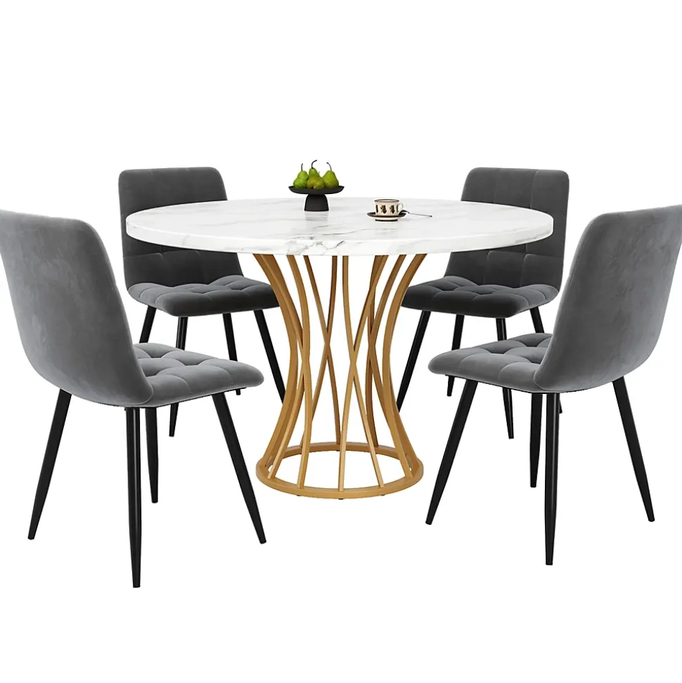 Ensemble table et chaises 80x80x76 cm avec 4 chaises, table carrée plateau effet marbre, assise velours