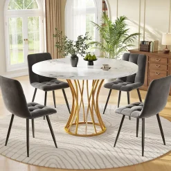 Ensemble table et chaises 80x80x76 cm avec 4 chaises, table carrée plateau effet marbre, assise velours