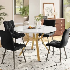 Ensemble table et chaises table ronde 100x75 cm avec 4 chaises en velours vert et pieds métal dorés