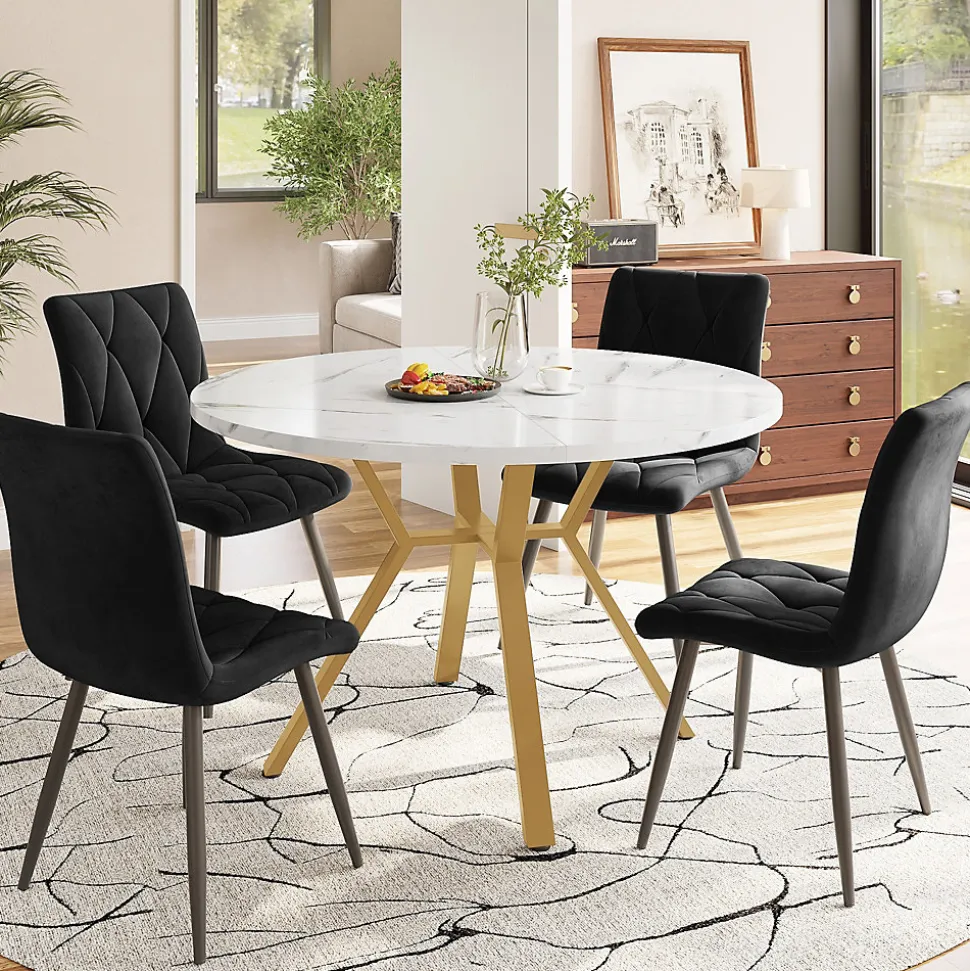 Ensemble table et chaises table ronde 100x75 cm avec 4 chaises en velours vert et pieds métal dorés