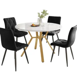 Ensemble table et chaises table ronde 100x75 cm avec 4 chaises en velours vert et pieds métal dorés