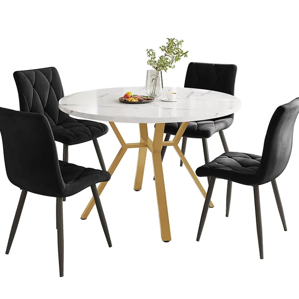 Ensemble table et chaises table ronde 100x75 cm avec 4 chaises en velours vert et pieds métal dorés