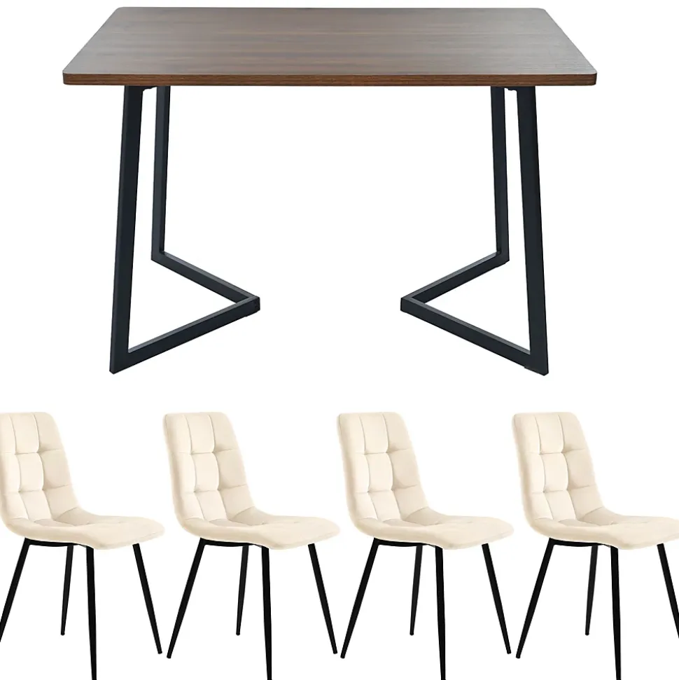 Ensemble table et chaises 117x68x75 cm avec 4 chaises en velours, plateau MDF noyer et pieds métal