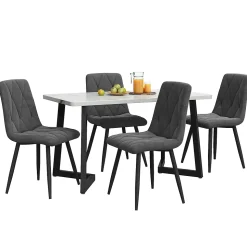 Ensemble Table et Chaises - Rectangulaire MDF avec 4 Chaises Velours, Pieds Métal Noir, Blan/Gris Foncé, 117x68x75 cm