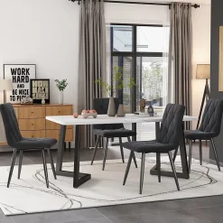 Ensemble Table et Chaises - Rectangulaire MDF avec 4 Chaises Velours, Pieds Métal Noir, Blan/Gris Foncé, 117x68x75 cm