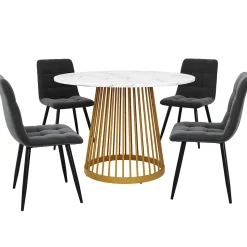 Ensemble table et chaises 80x76 cm avec 4 chaises, table ronde plateau effet marbre et chaises en velours
