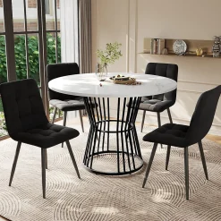 Ensemble table et chaises 100x75 cm table ronde plateau MDF marbré avec 4 chaises velours et structure métal