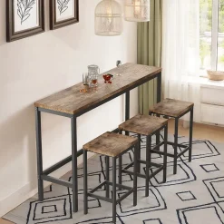 Ensemble table et chaises 148x40x90 cm longue avec 3 tabourets MDF, structure métal, finition naturelle