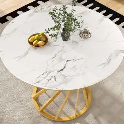 Ensemble table et chaises 80x76 cm table ronde avec 4 chaises en velours plateau MDF effet marbre structure métal