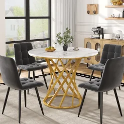 Ensemble table et chaises 80x76 cm table ronde avec 4 chaises en velours plateau MDF effet marbre structure métal