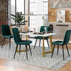 Ensemble Table et Chaises - Rectangulaire avec 4 Chaises Velours Rembourrées, MDF Métal, Vert, 117x68x75 cm
