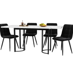 Ensemble table et chaises 140x80x75,5 cm avec 4 chaises velours, table extensible 140 à 179,5 cm métal