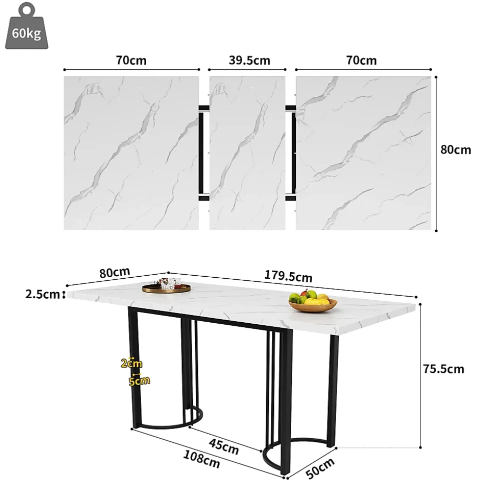Ensemble table et chaises 140x80x75,5 cm avec 4 chaises velours, table extensible 140 à 179,5 cm métal