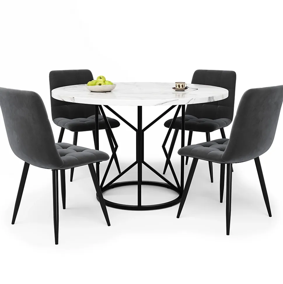 Ensemble table et chaises 100x100x76 cm avec 4 chaises velours, table carrée MDF effet marbre et pieds métal