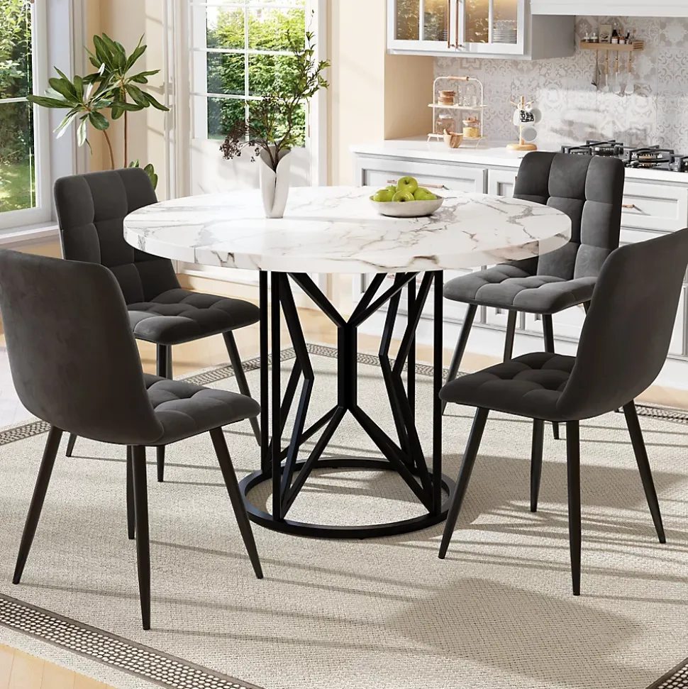 Ensemble table et chaises 100x100x76 cm avec 4 chaises velours, table carrée MDF effet marbre et pieds métal