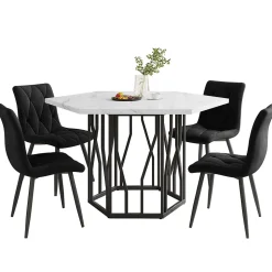 Ensemble table et chaises 115,5x100x75 cm hexagonale effet marbre avec 4 chaises velours noir et pied métal