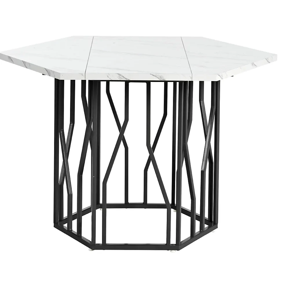 Ensemble table et chaises 115,5x100x75 cm hexagonale effet marbre avec 4 chaises velours noir et pied métal