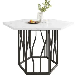 Ensemble table et chaises 115,5x100x75 cm hexagonale effet marbre avec 4 chaises velours noir et pied métal