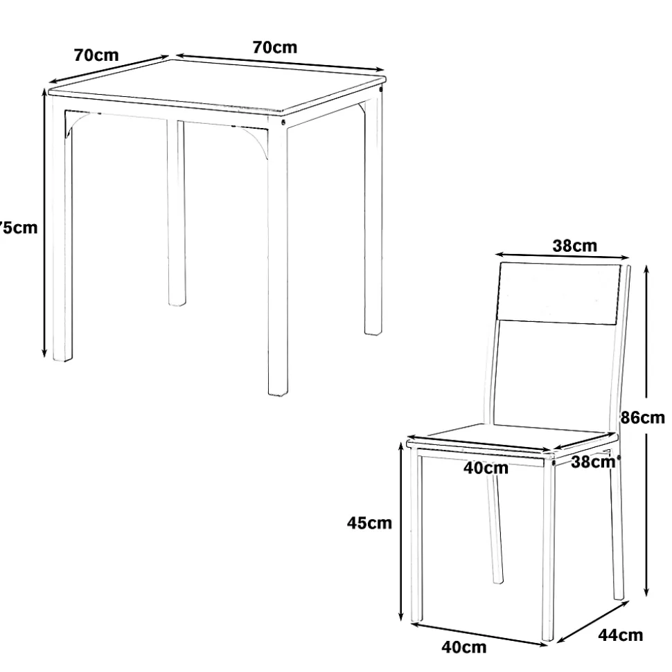 Ensemble table et chaises 70x70x75 cm avec 2 chaises, table carrée structure métal, plateau MDF-PVC marron