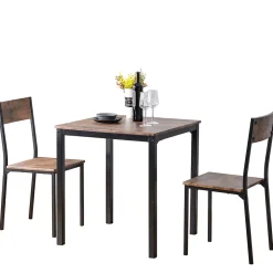 Ensemble table et chaises 70x70x75 cm avec 2 chaises, table carrée structure métal, plateau MDF-PVC marron