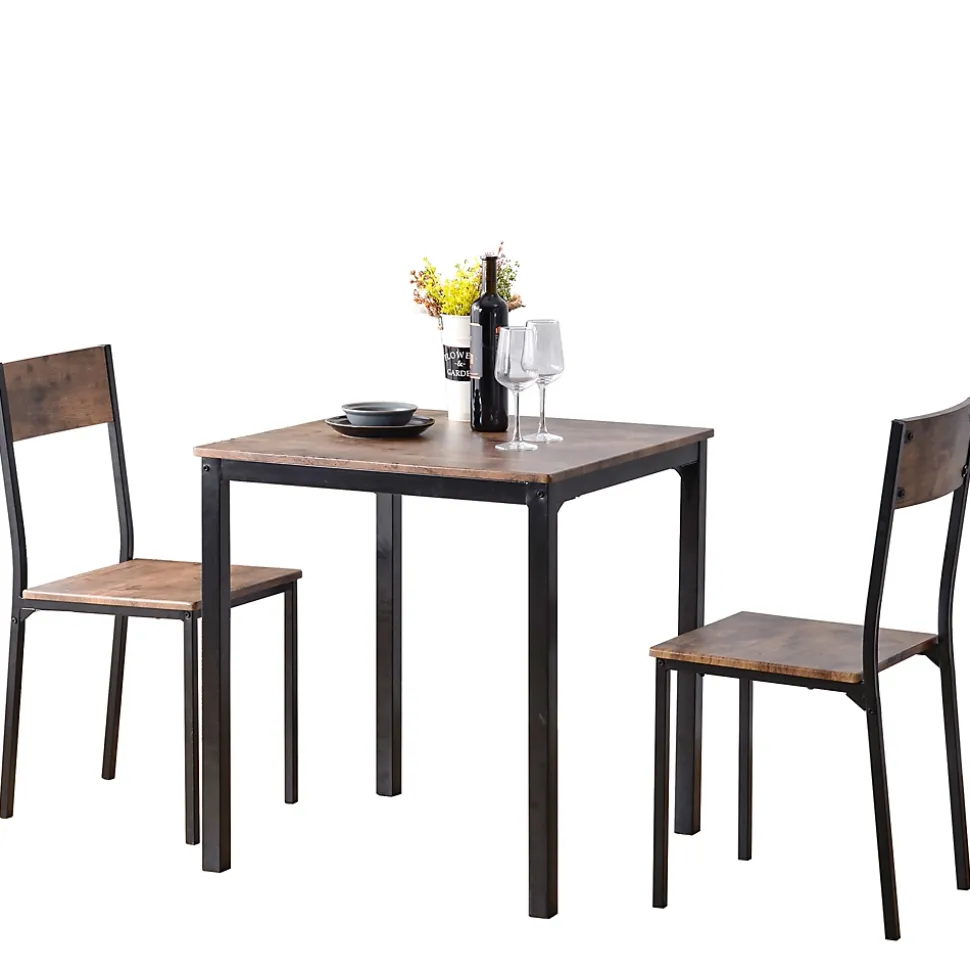 Ensemble table et chaises 70x70x75 cm avec 2 chaises, table carrée structure métal, plateau MDF-PVC marron