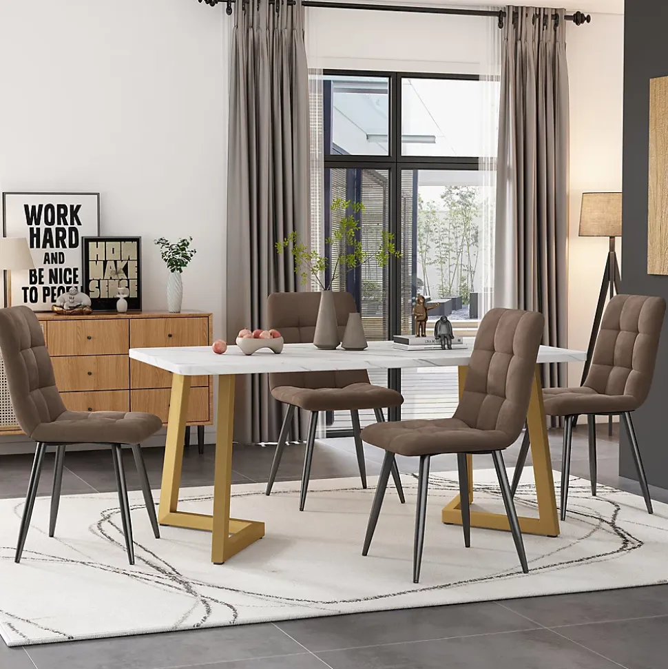 Ensemble table et chaises 117x68x75 cm avec 4 chaises en velours marron, table rectangulaire pieds métal doré