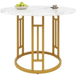 Ensemble table et chaises 80x76 cm avec 4 chaises velours, table ronde effet marbre, pieds métal doré