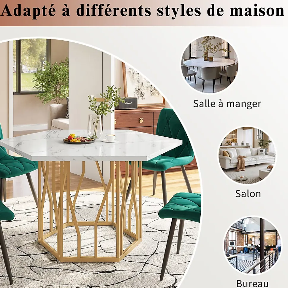 Ensemble Table et Chaises - Table Hexagonale et 4 Chaises Velours, Salle à Manger Moderne avec Pieds Métal Doré, Vert et Blanc