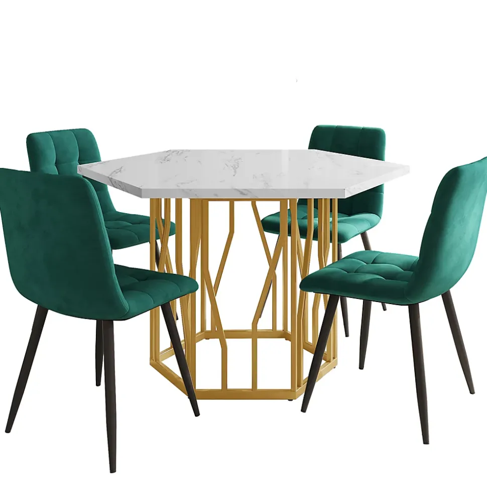 Ensemble Table et Chaises - Table Hexagonale et 4 Chaises Velours, Salle à Manger Moderne avec Pieds Métal Doré, Vert et Blanc