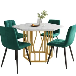 Ensemble Table et Chaises - Table Hexagonale et 4 Chaises Velours, Salle à Manger Moderne avec Pieds Métal Doré, Vert et Blanc