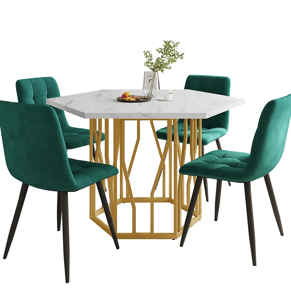 Ensemble Table et Chaises - Table Hexagonale et 4 Chaises Velours, Salle à Manger Moderne avec Pieds Métal Doré, Vert et Blanc