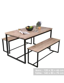 Ensemble table et deux bancs style industriel en bois et métal Collection DARYL Table 140 cm et deux bancs 120 cm