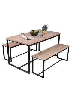 Ensemble table et deux bancs style industriel en bois et métal Collection DARYL Table 140 cm et deux bancs 120 cm