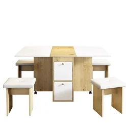 Ensemble table extensible 120x80 cm avec 4 chaises pliantes blanc et chêne pour salle à manger moderne