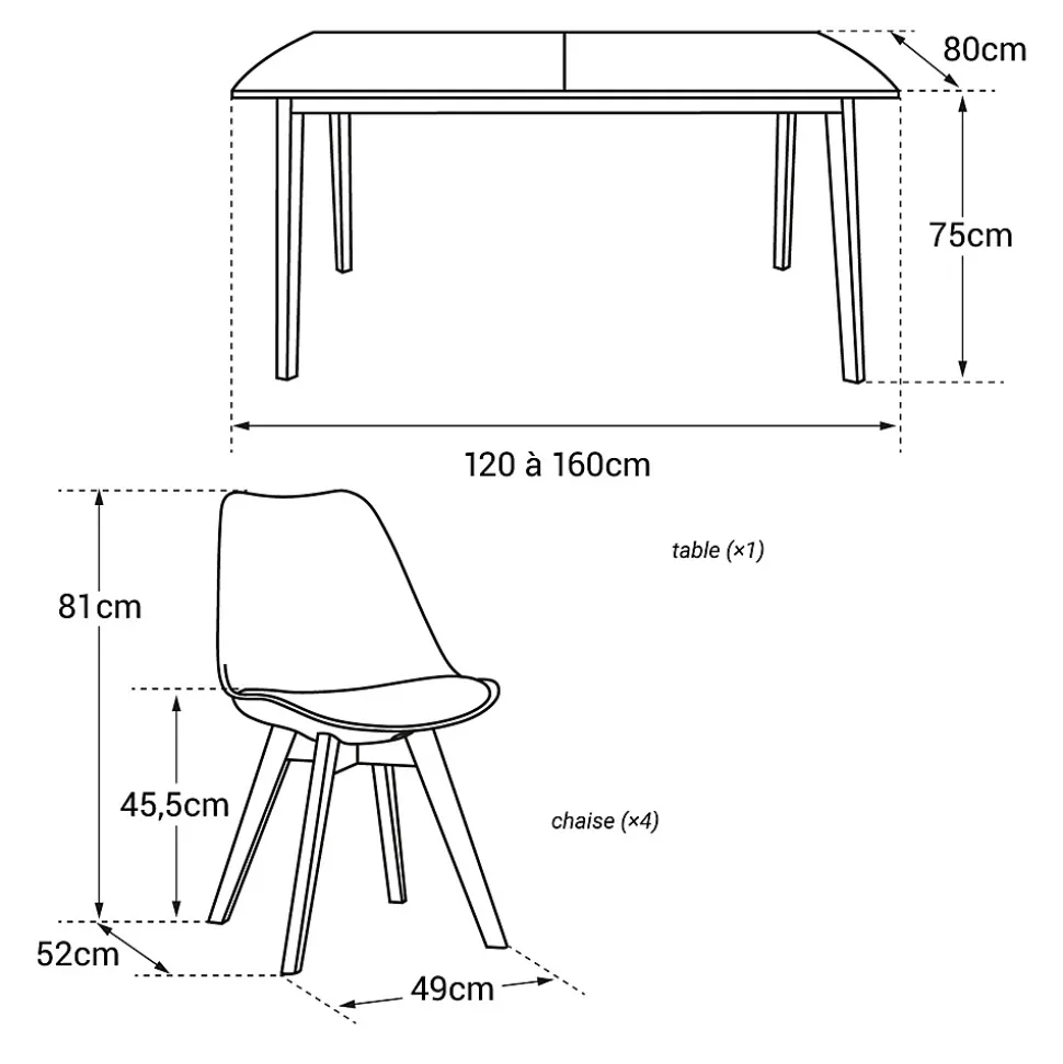Ensemble table extensible 120/160cm HELGA et 4 chaises NORA noir - HAPPY GARDEN