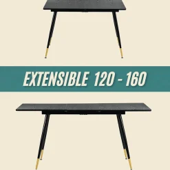 Ensemble table extensible noir 120-160 et 4 chaises style scandinaves blanches cassées