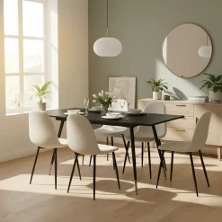 Ensemble table extensible noir 120-160 et 4 chaises style scandinaves blanches cassées