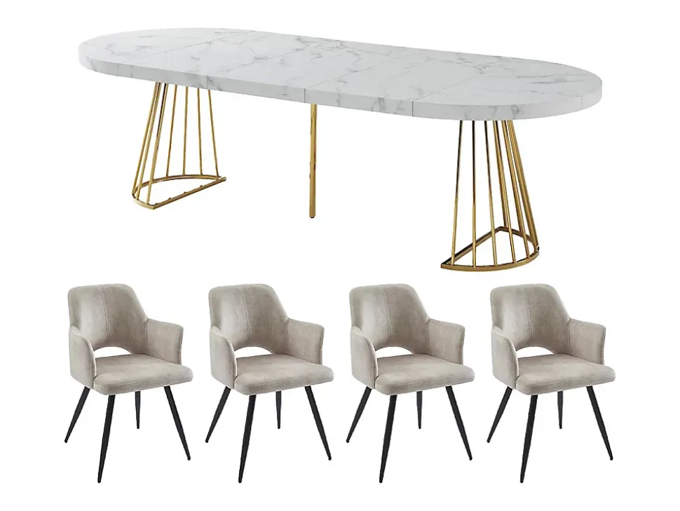 Ensemble table FIRELA + 4 chaises KADIJA - Effet marbre blanc et beige