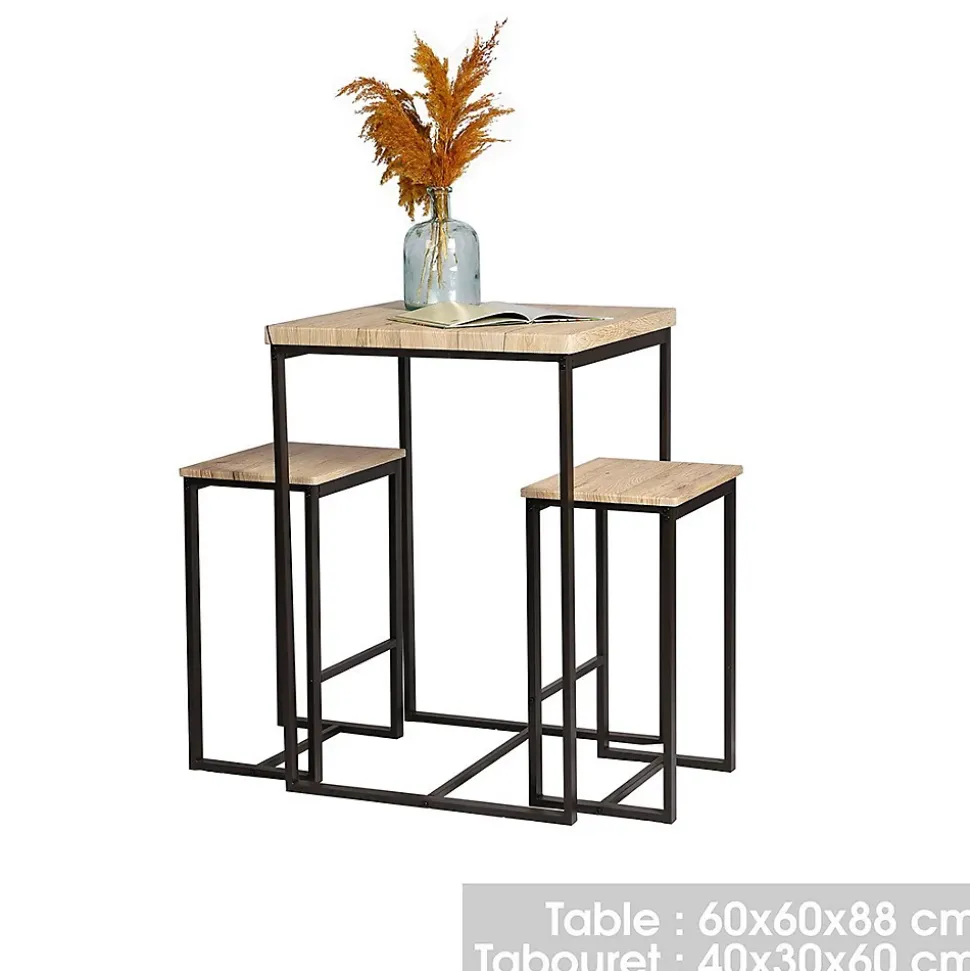 Ensemble table haute avec 2 tabourets DARYL Chene et Métal Noir