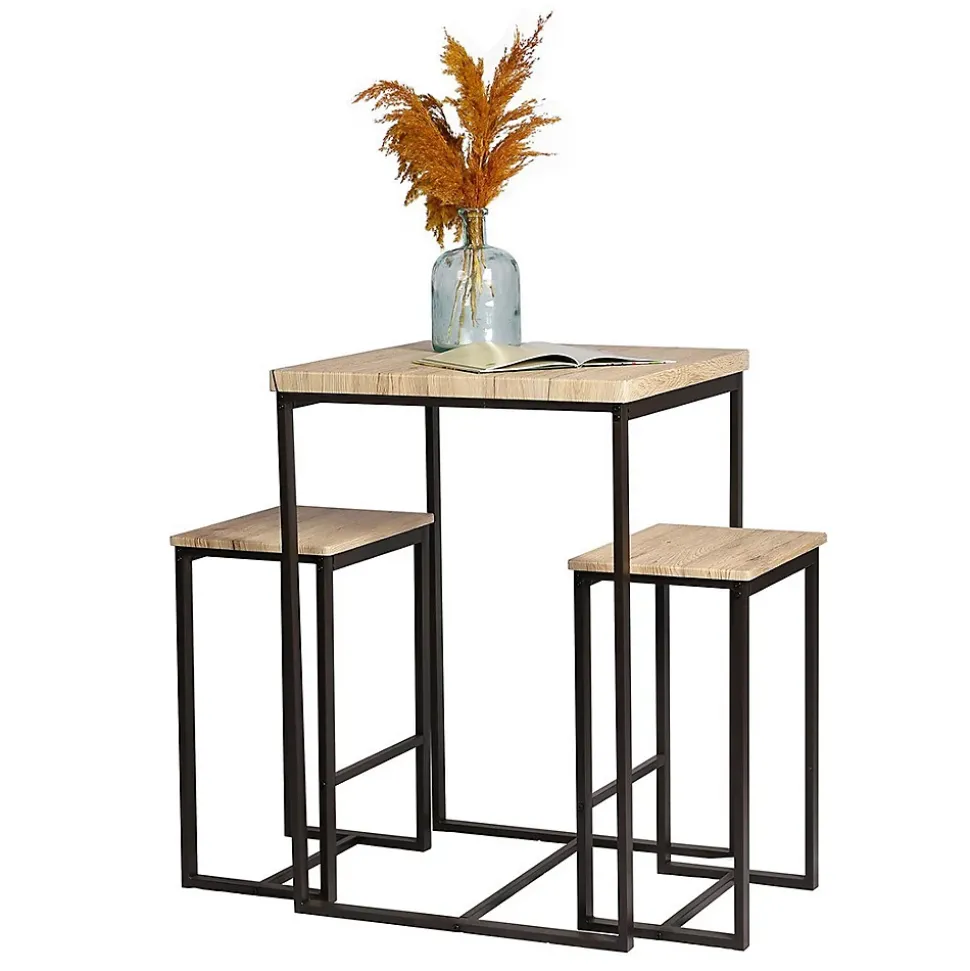 Ensemble table haute avec 2 tabourets DARYL Chene et Métal Noir