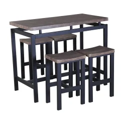 Ensemble table haute, bar et 4 tabourets NIMES. Set moderne type industriel, bois et métal.