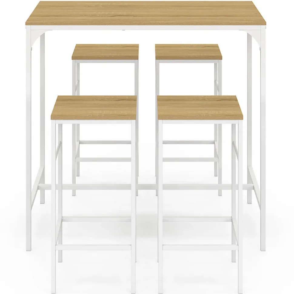 Ensemble table haute de bar DETROIT 100 cm et 4 tabourets de bar bois et métal blanc design industriel