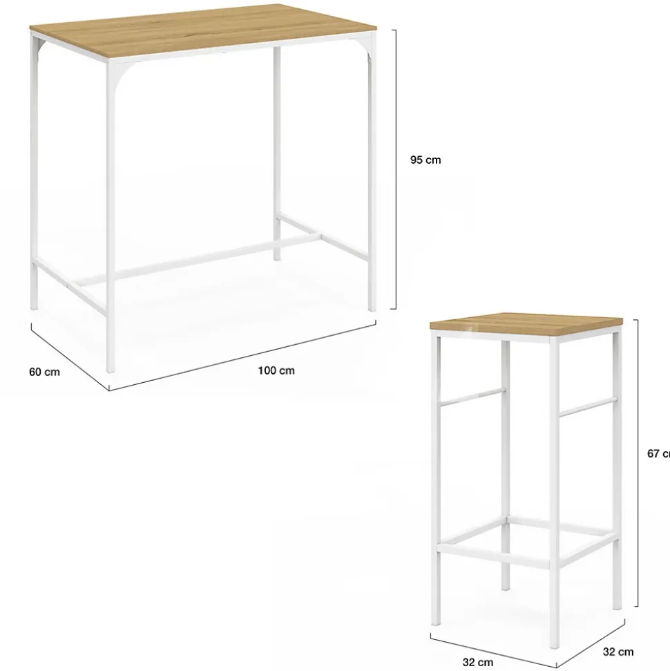 Ensemble table haute de bar DETROIT 100 cm et 4 tabourets de bar bois et métal blanc design industriel
