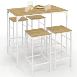 Ensemble table haute de bar DETROIT 100 cm et 4 tabourets de bar bois et métal blanc design industriel