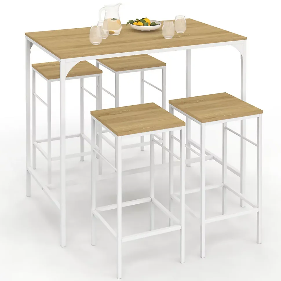 Ensemble table haute de bar DETROIT 100 cm et 4 tabourets de bar bois et métal blanc design industriel