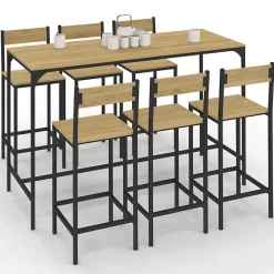 Ensemble table haute de bar DETROIT 150 cm et 6 chaises de bar design industriel