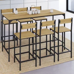 Ensemble table haute de bar DETROIT 150 cm et 6 chaises de bar design industriel